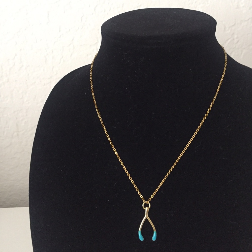 Gold Wishbone Necklace with Dipped Turquoise Accent on 18k Gold Chain
